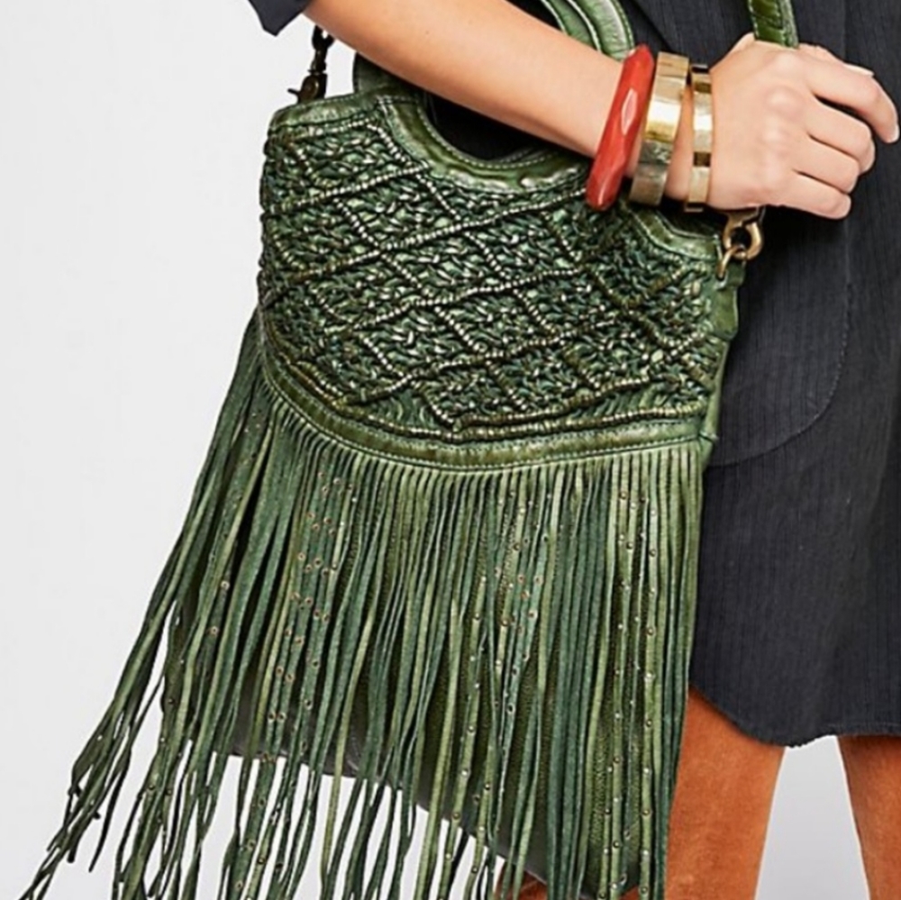 Free People Green Leather Juliet Macrame Fringe Messenger Bag